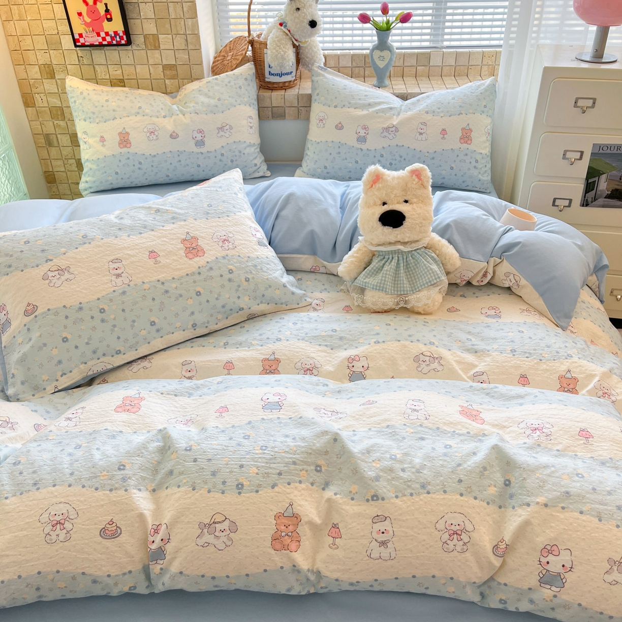 91家纺网 家纺一手货源 找家纺 川悦生活 2026新款云感双层纱木棉四件套 花田乐园