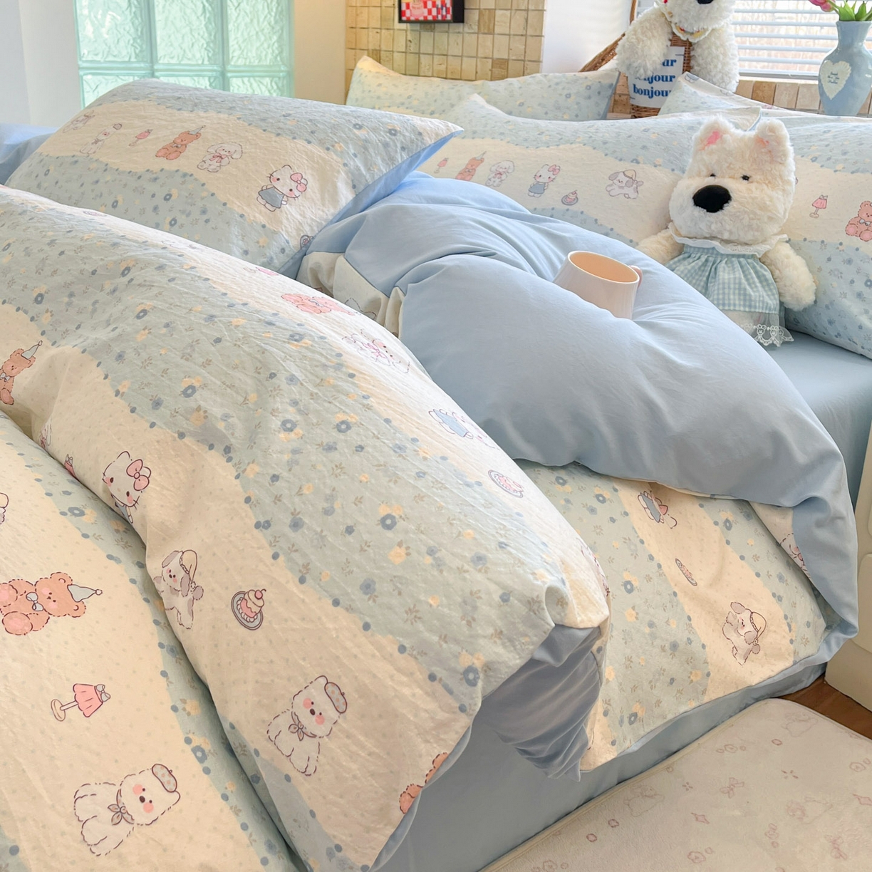 91家纺网 家纺一手货源 找家纺 川悦生活 2026新款云感双层纱木棉四件套 花田乐园