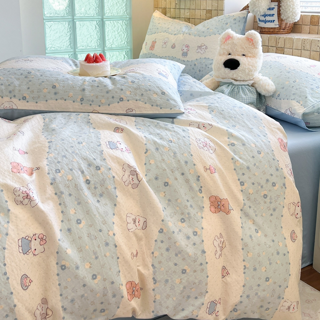 91家纺网 家纺一手货源 找家纺 川悦生活 2026新款云感双层纱木棉四件套 花田乐园