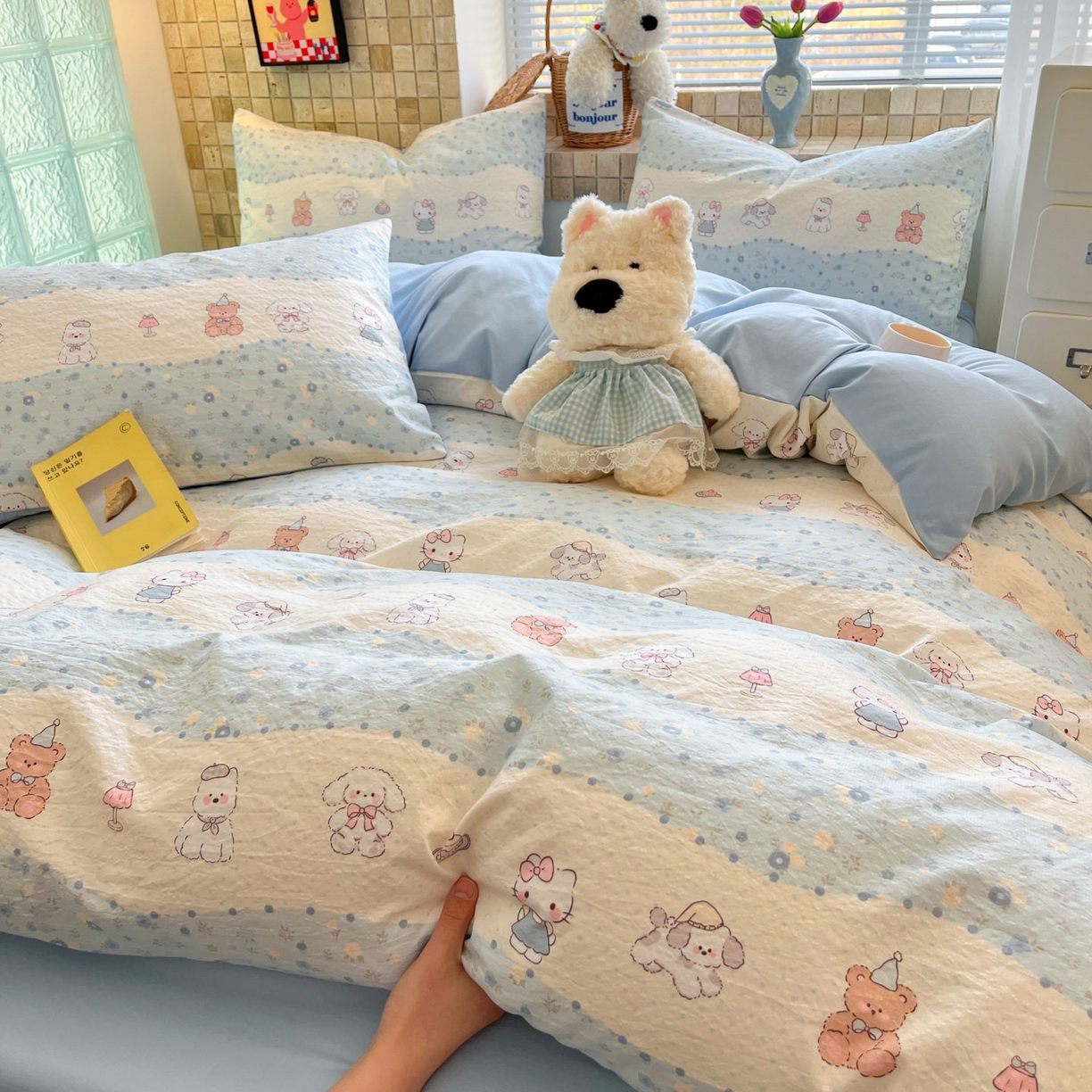 91家纺网 家纺一手货源 找家纺 川悦生活 2026新款云感双层纱木棉四件套 花田乐园