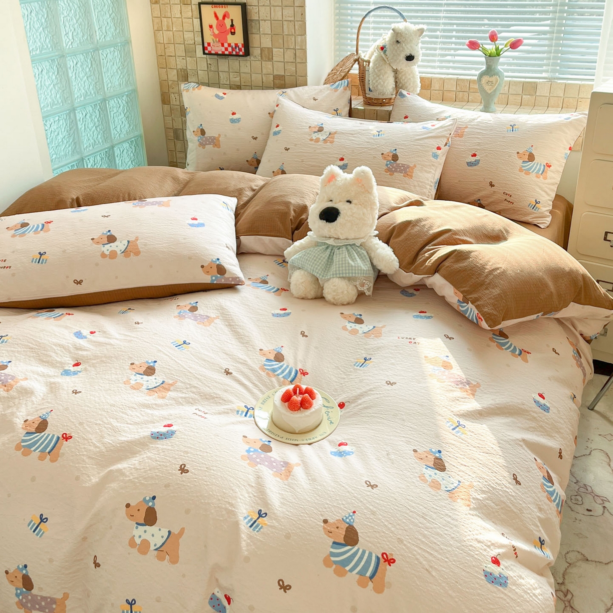 91家纺网 家纺一手货源 找家纺 川悦生活 2026新款云感双层纱木棉四件套 可乐腊肠