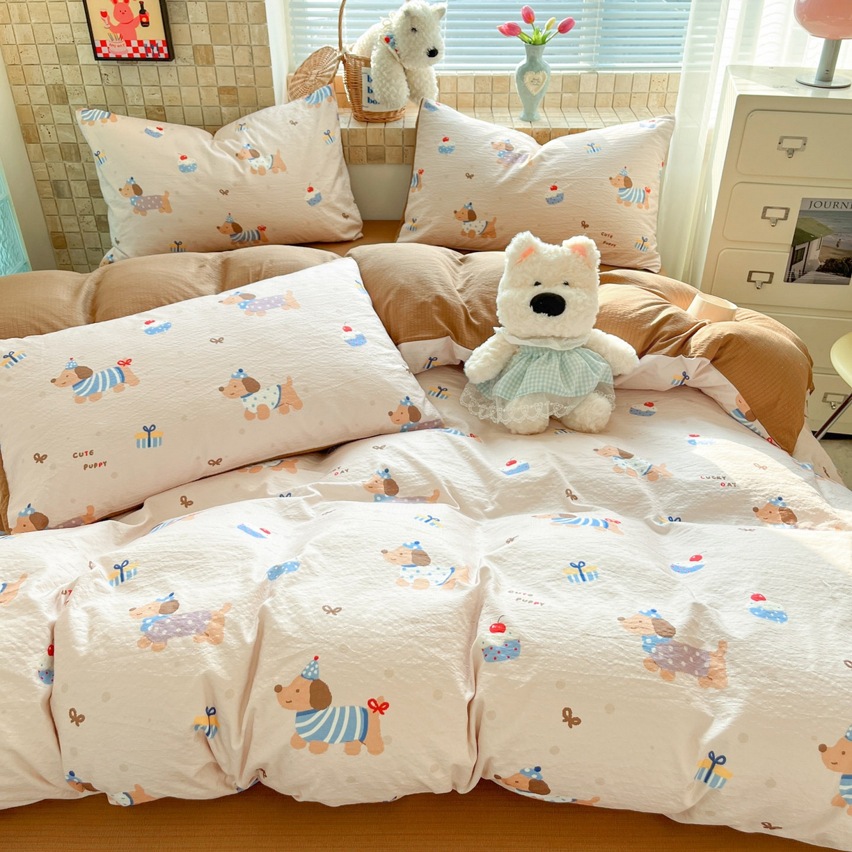 91家纺网 家纺一手货源 找家纺 川悦生活 2026新款云感双层纱木棉四件套 可乐腊肠