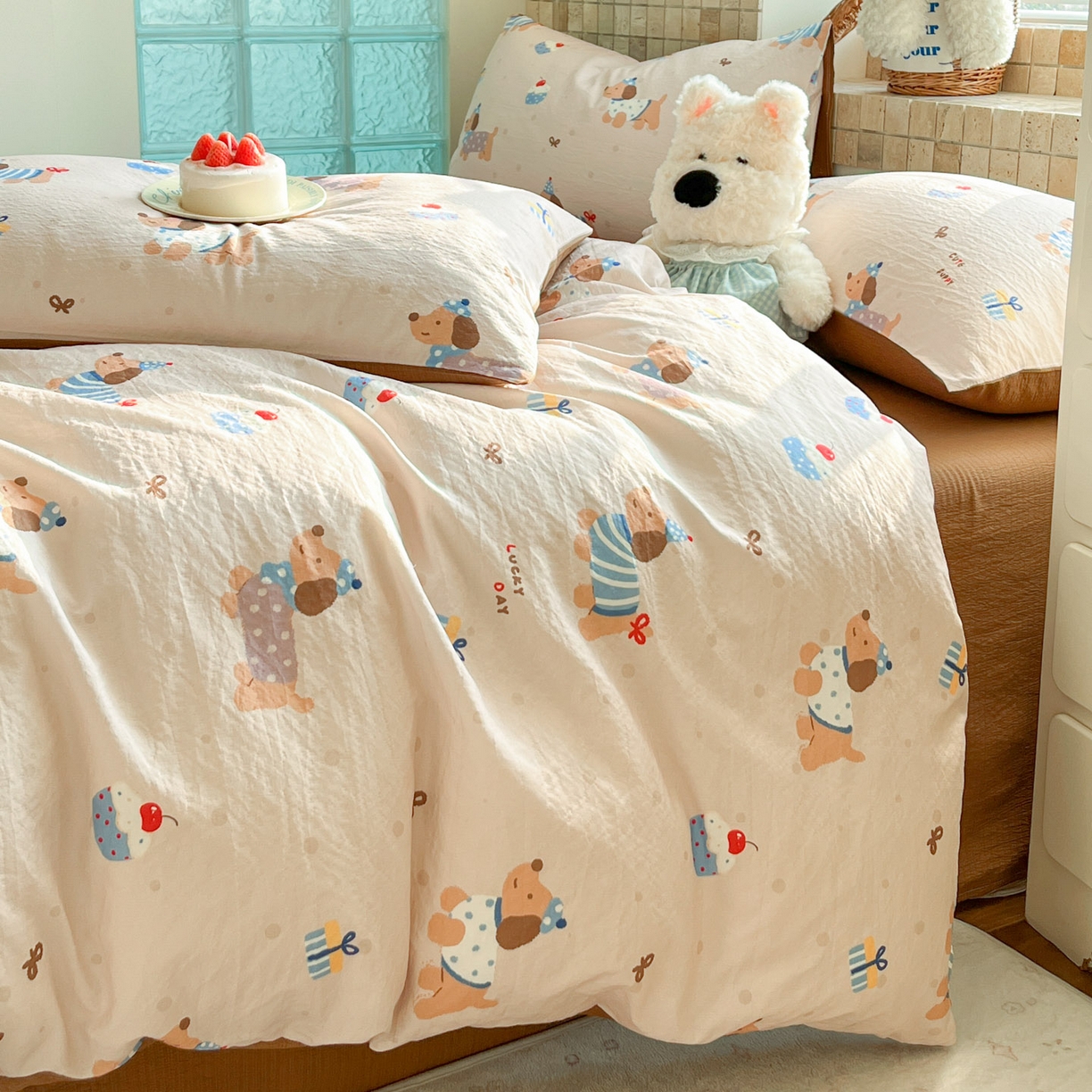 91家纺网 家纺一手货源 找家纺 川悦生活 2026新款云感双层纱木棉四件套 可乐腊肠