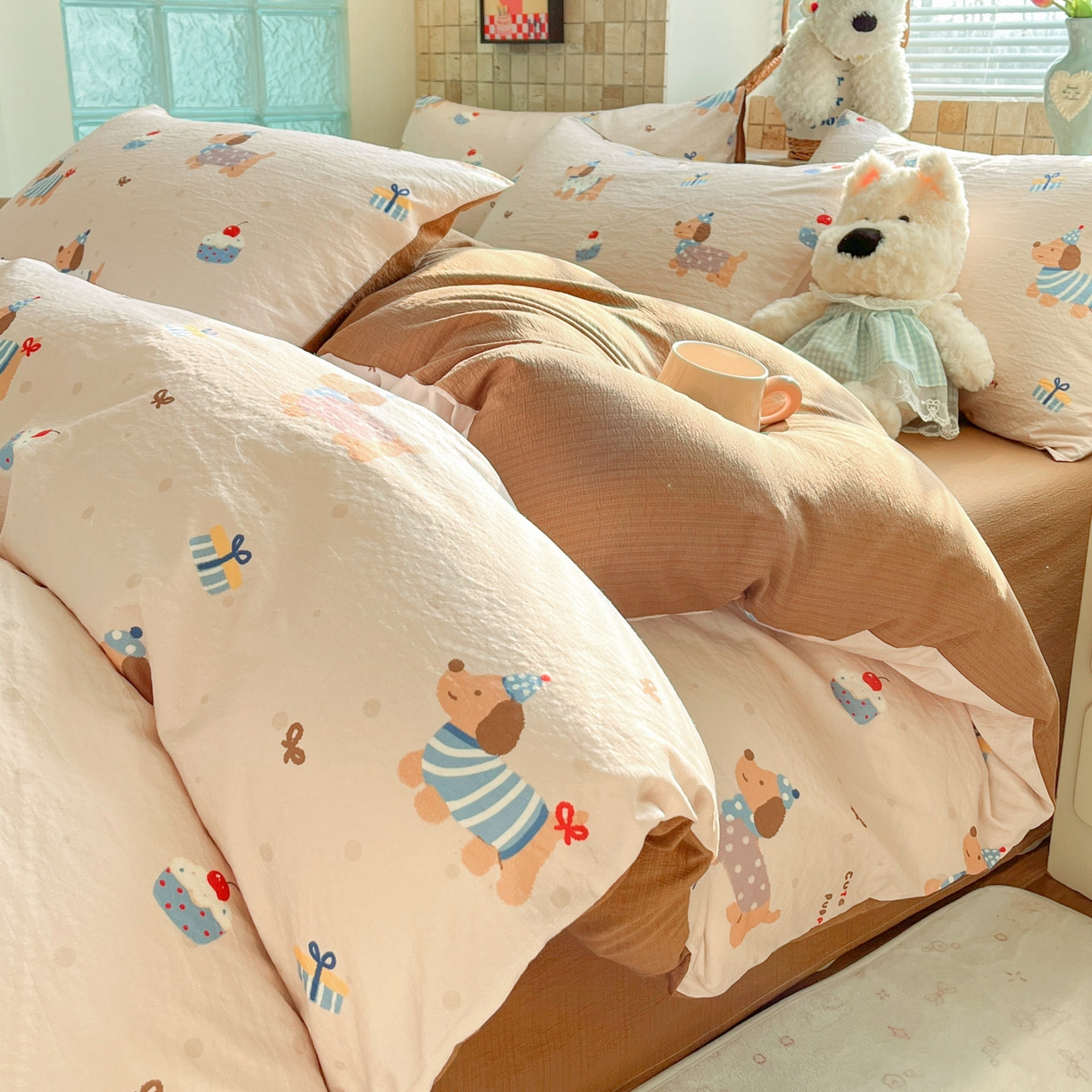 91家纺网 家纺一手货源 找家纺 川悦生活 2026新款云感双层纱木棉四件套 可乐腊肠