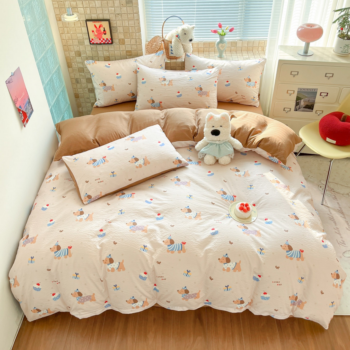 91家纺网 家纺一手货源 找家纺 川悦生活 2026新款云感双层纱木棉四件套 可乐腊肠