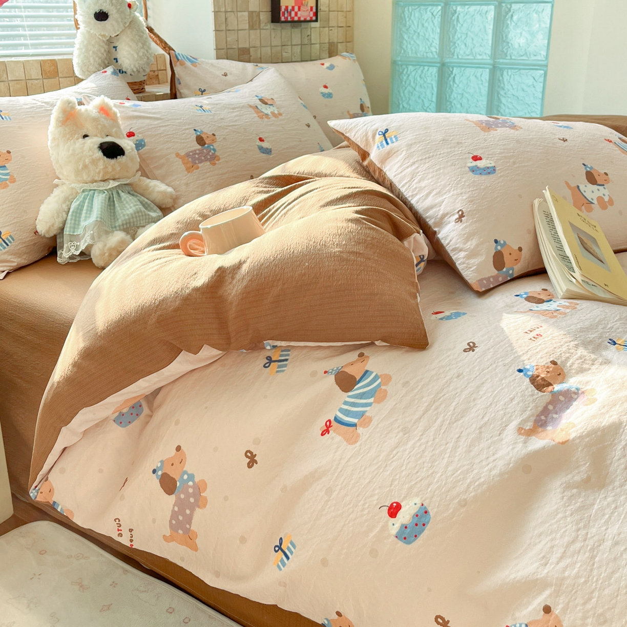 91家纺网 家纺一手货源 找家纺 川悦生活 2026新款云感双层纱木棉四件套 可乐腊肠