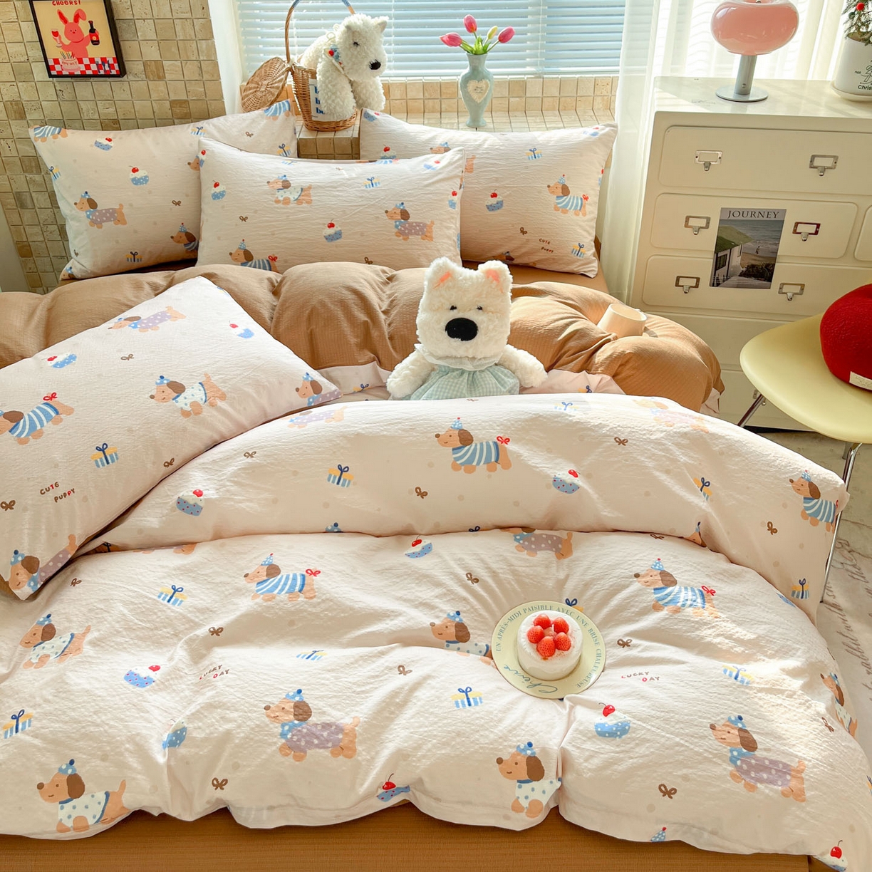 91家纺网 家纺一手货源 找家纺 川悦生活 2026新款云感双层纱木棉四件套 可乐腊肠