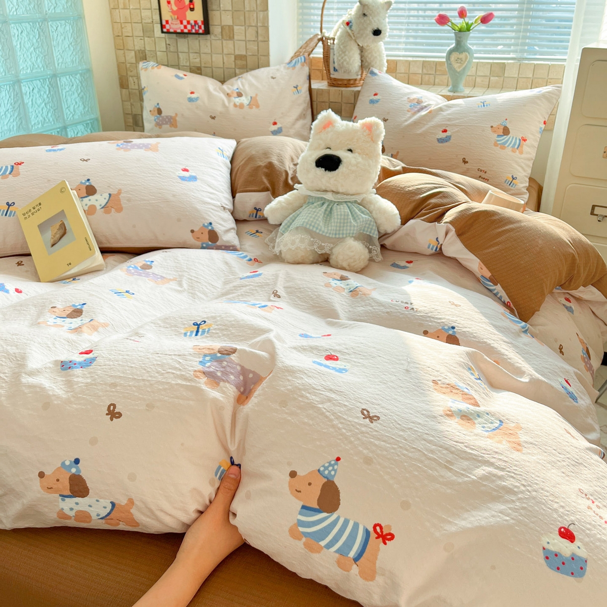 91家纺网 家纺一手货源 找家纺 川悦生活 2026新款云感双层纱木棉四件套 可乐腊肠