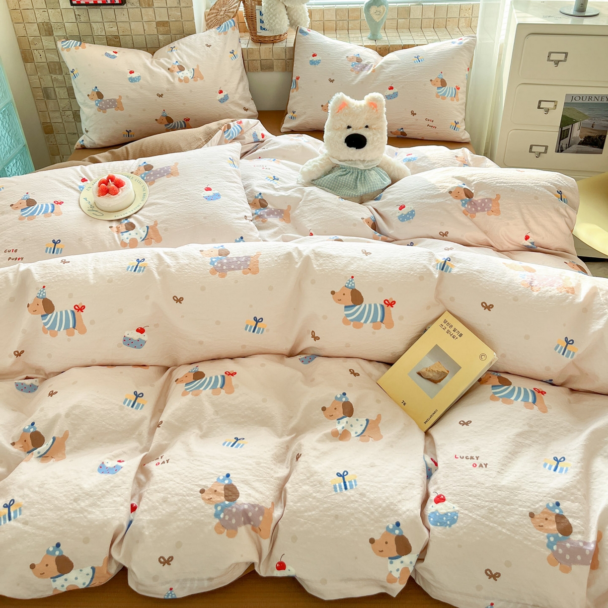 91家纺网 家纺一手货源 找家纺 川悦生活 2026新款云感双层纱木棉四件套 可乐腊肠