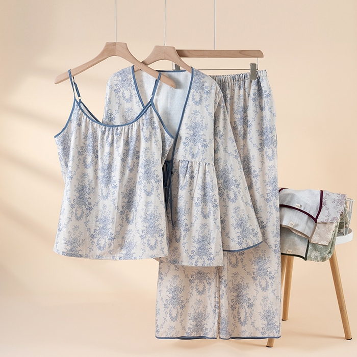 91家纺网 家纺一手货源 找家纺 （总）洛兰沙家居馆 2026新款4色纱布家居服三件套