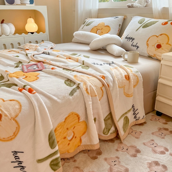 91家纺网 家纺一手货源 找家纺 宅部落 2026新款亲肤舒适牛奶绒印花毛毯毯子300克云貂绒盖毯毯子 幸运之花