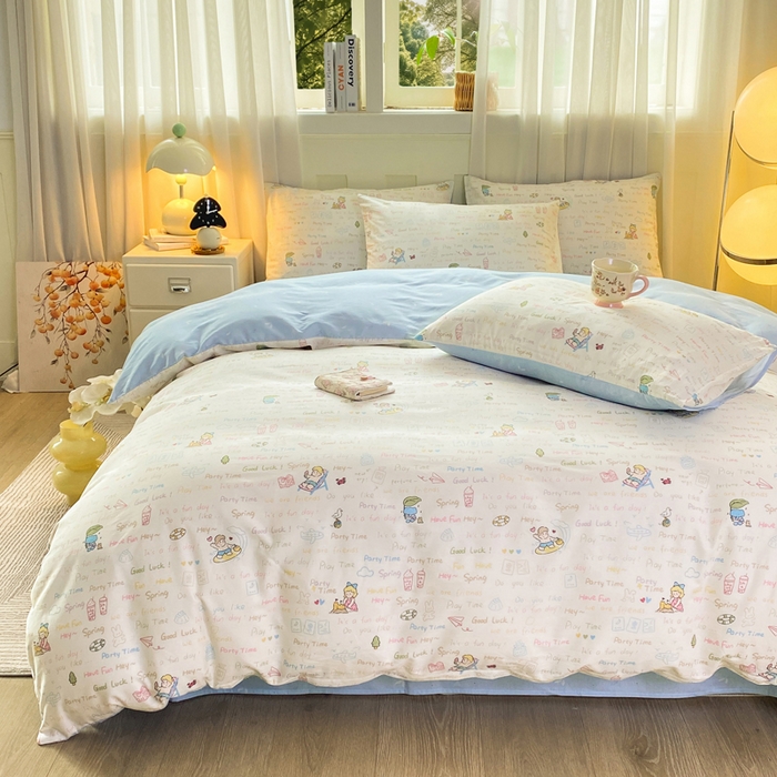 91家纺网 家纺一手货源 找家纺 红日子纺织品 2026春夏新款小清新12868全棉纯棉学生卡通款单被套被套单件 欢乐周末