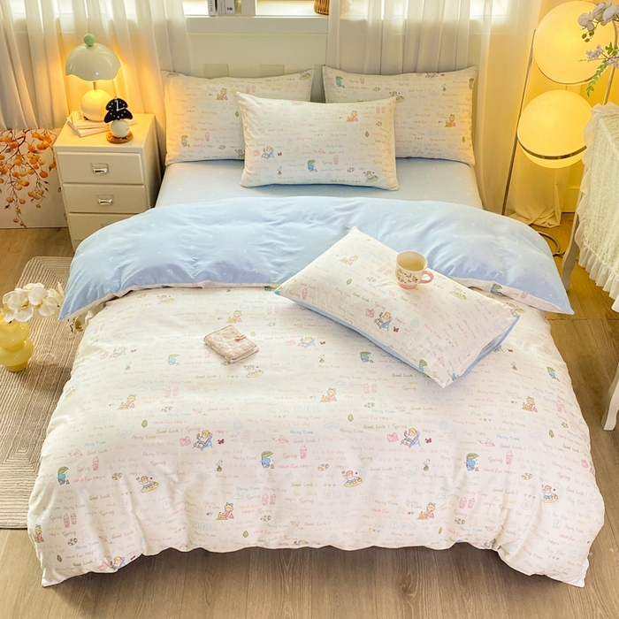 91家纺网 家纺一手货源 找家纺 红日子纺织品 2026春夏新款小清新12868全棉纯棉学生卡通款单被套被套单件 欢乐周末