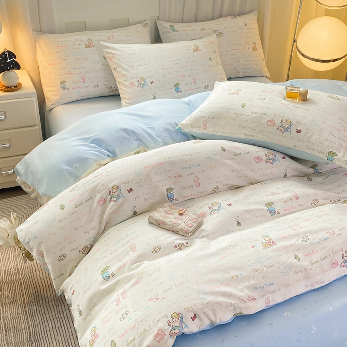 91家纺网 家纺一手货源 找家纺 红日子纺织品 2026春夏新款小清新12868全棉纯棉学生卡通款单被套被套单件 欢乐周末