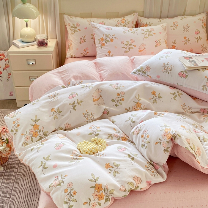 91家纺网 家纺一手货源 找家纺 红日子纺织品 2026春夏新款小清新12868全棉纯棉学生卡通款单被套被套单件 清风小兔