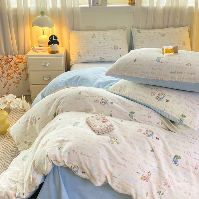 91家纺网 家纺一手货源 找家纺 红日子纺织品 2026春夏新款小清新12868全棉纯棉学生卡通款单被套被套单件 欢乐周末