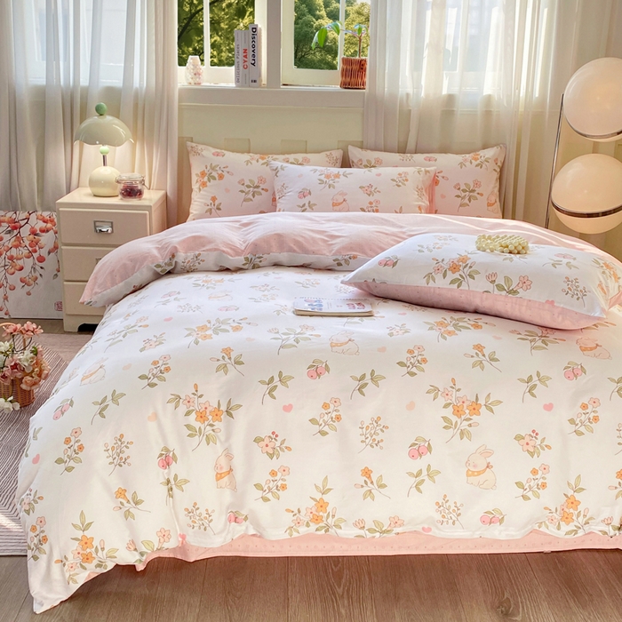 91家纺网 家纺一手货源 找家纺 红日子纺织品 2026春夏新款小清新12868全棉纯棉学生卡通款单被套被套单件 清风小兔