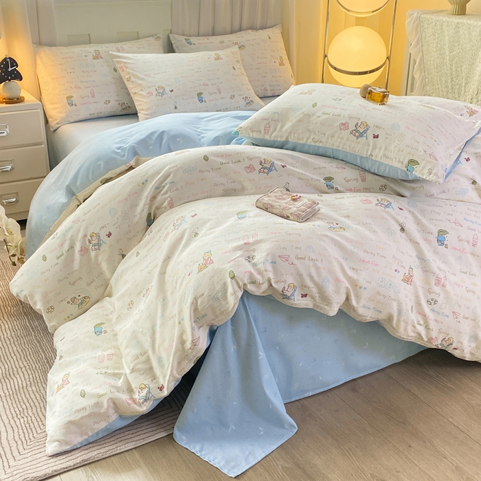 91家纺网 家纺一手货源 找家纺 红日子纺织品 2026春夏新款小清新12868全棉纯棉学生卡通款单被套被套单件 欢乐周末