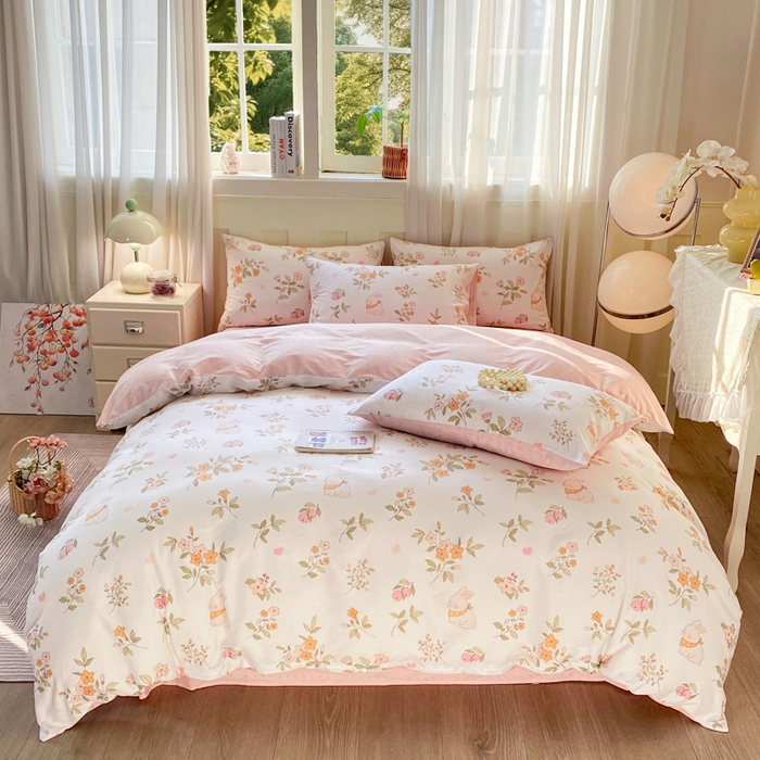 91家纺网 家纺一手货源 找家纺 红日子纺织品 2026春夏新款小清新12868全棉纯棉学生卡通款单被套被套单件 清风小兔