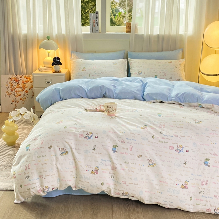 91家纺网 家纺一手货源 找家纺 红日子纺织品 2026春夏新款小清新12868全棉纯棉学生卡通款单被套被套单件 欢乐周末