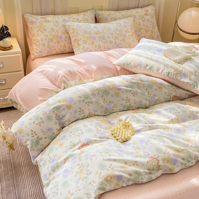 91家纺网 家纺一手货源 找家纺 红日子纺织品 2026春夏新款小清新12868全棉纯棉学生卡通款单被套被套单件 蘑菇小兔