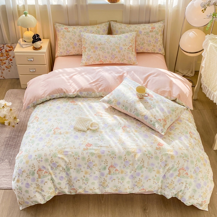 91家纺网 家纺一手货源 找家纺 红日子纺织品 2026春夏新款小清新12868全棉纯棉学生卡通款单被套被套单件 蘑菇小兔