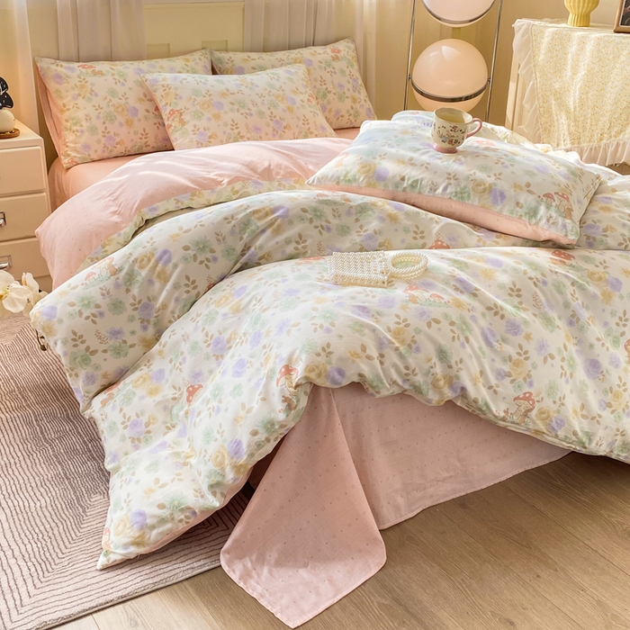 91家纺网 家纺一手货源 找家纺 红日子纺织品 2026春夏新款小清新12868全棉纯棉学生卡通款单被套被套单件 蘑菇小兔