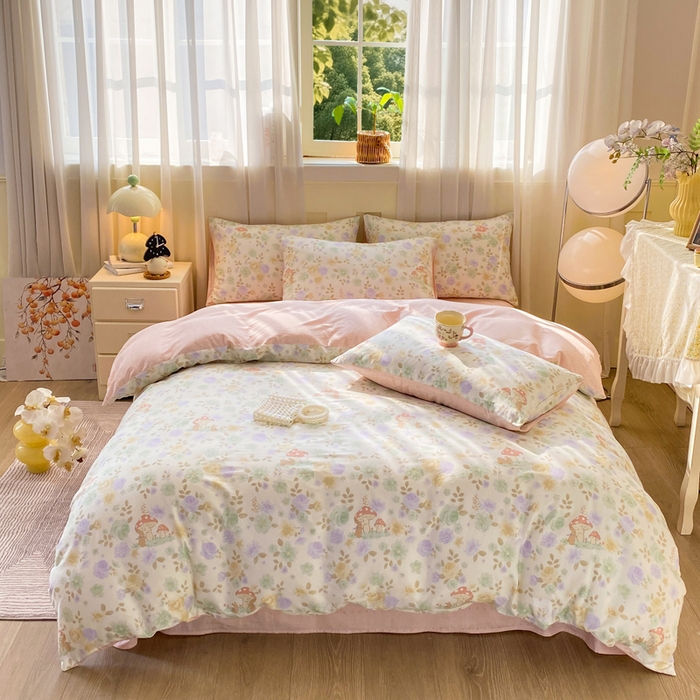 91家纺网 家纺一手货源 找家纺 红日子纺织品 2026春夏新款小清新12868全棉纯棉学生卡通款单被套被套单件 蘑菇小兔