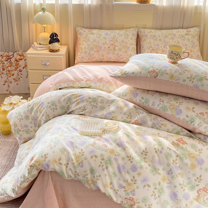 91家纺网 家纺一手货源 找家纺 红日子纺织品 2026春夏新款小清新12868全棉纯棉学生卡通款单被套被套单件 蘑菇小兔