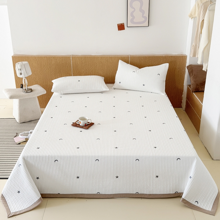 91家纺网 家纺一手货源 找家纺 木楌家居 2026春夏新款双面全棉纯棉皱皱纱刺绣款床盖床盖单件 月落星眠