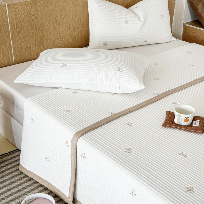 木楌家居 2026春夏新款双面全棉纯棉皱皱纱刺绣款床盖床盖单件 奶咖蝴蝶结