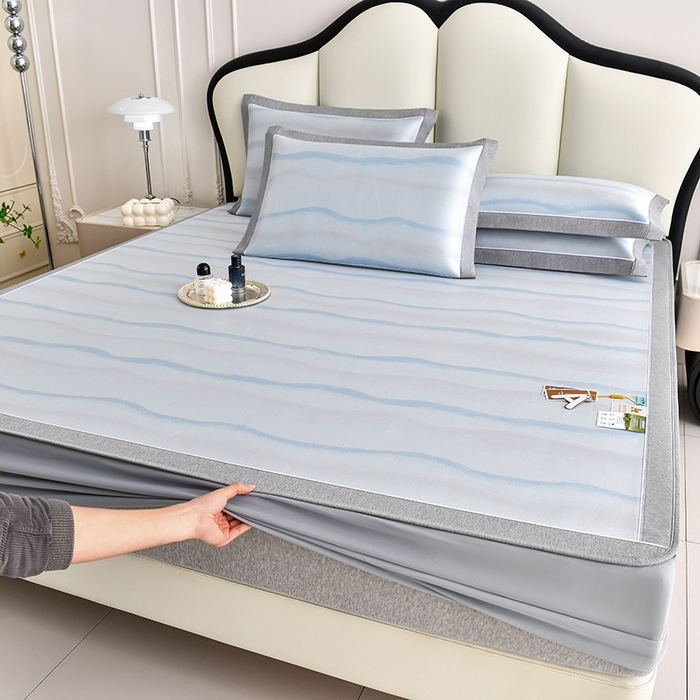 91家纺网 家纺一手货源 找家纺 小牛席业 2026春夏新款锦绣凉感冰丝席空调席系列（床笠款） 锦绣冰丝（床笠款）-蓝色