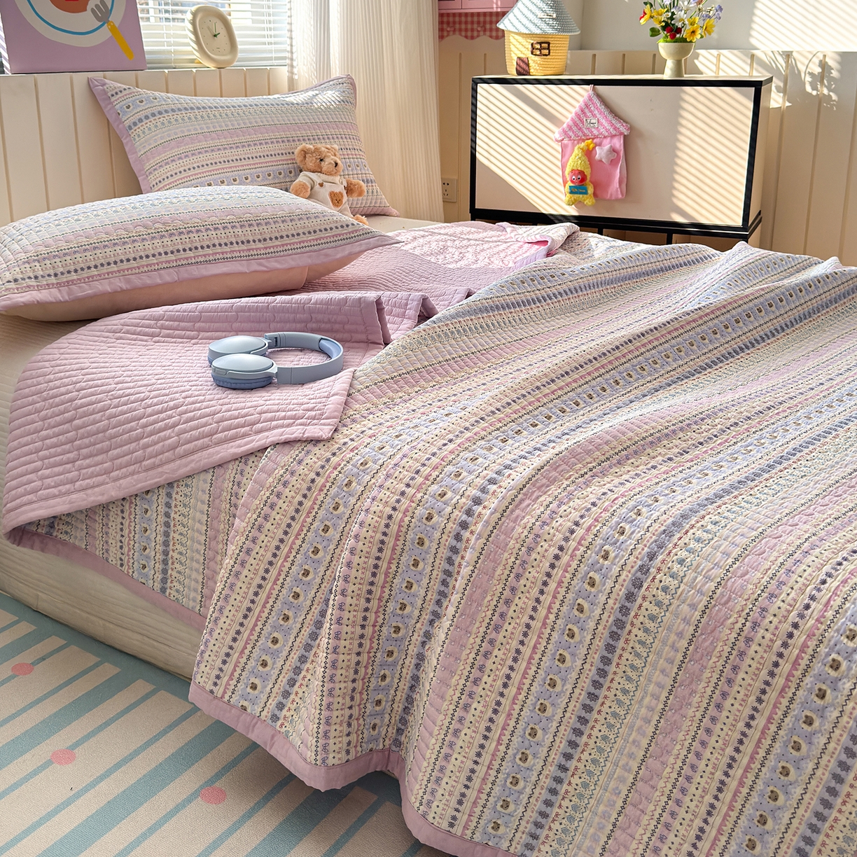 91家纺网 家纺一手货源 找家纺 （总）美优兰 2025全棉法式花边双层纱水洗棉花床盖三件套（提供买家秀）