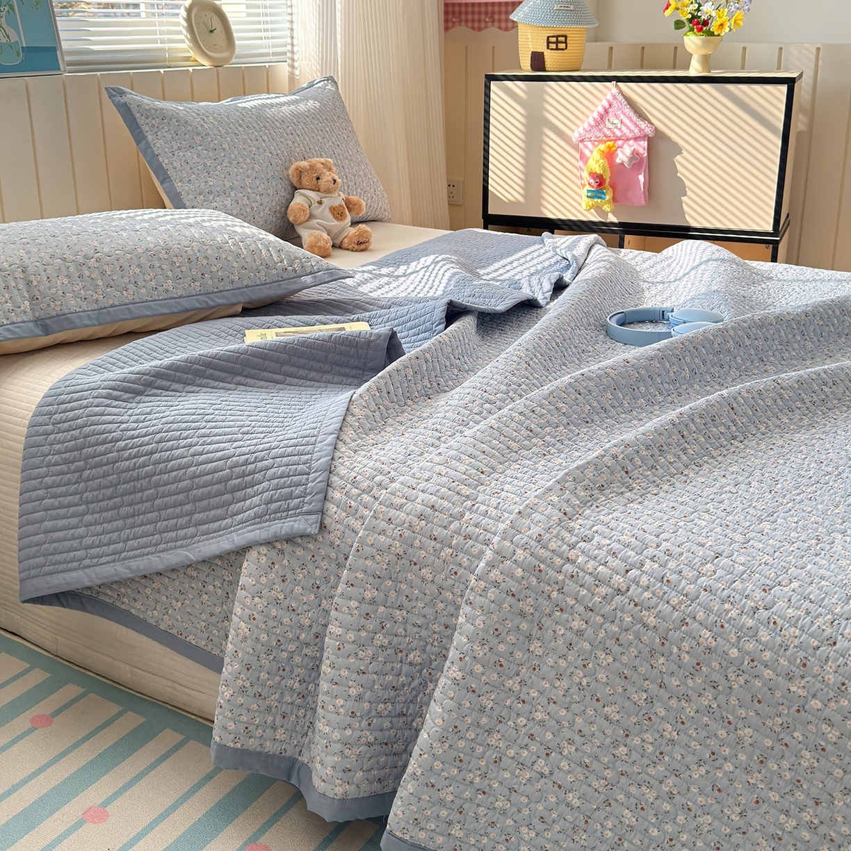 美优兰 2026新款双面全棉高温砂洗床盖三件套 夕颜蓝