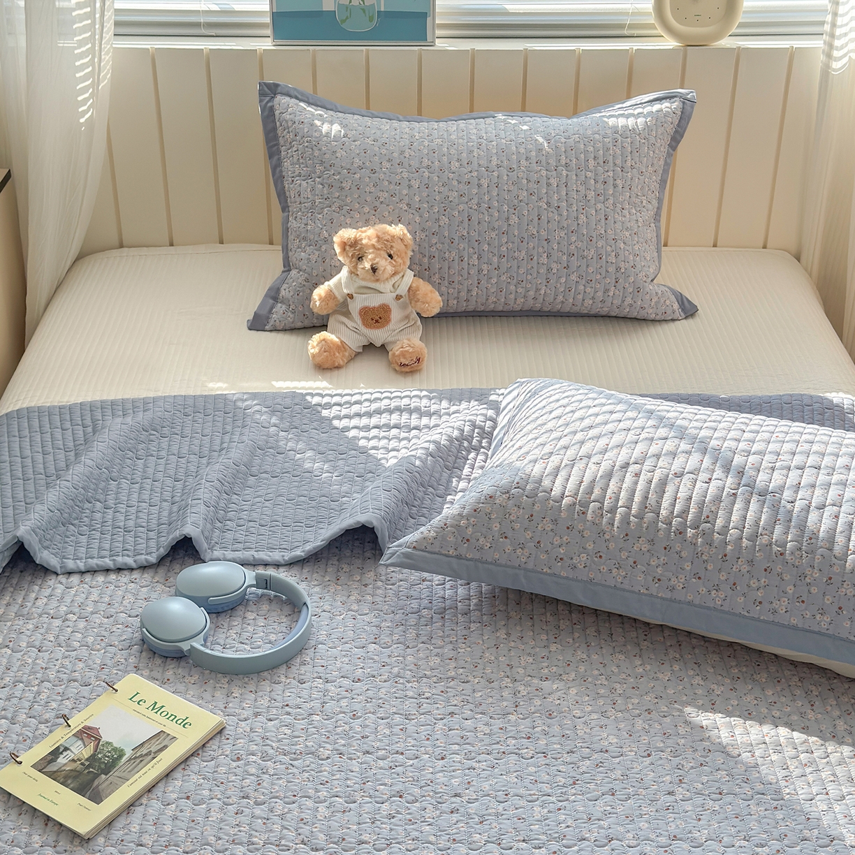 91家纺网 家纺一手货源 找家纺 美优兰 2026新款双面全棉高温砂洗床盖三件套 夕颜蓝