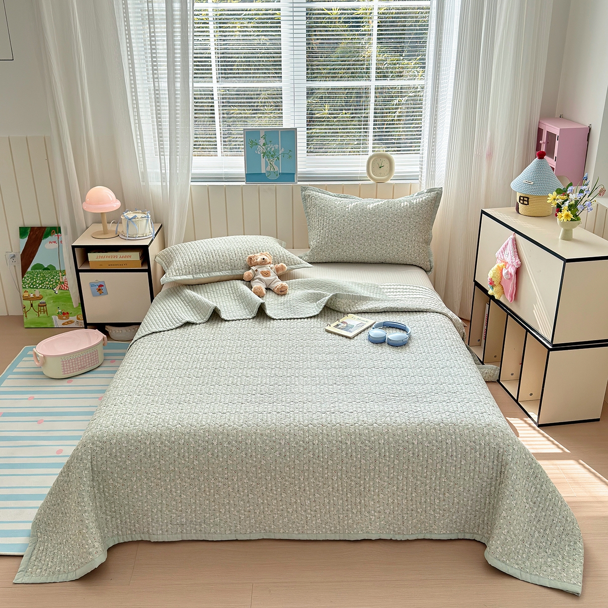 91家纺网 家纺一手货源 找家纺 美优兰 2026新款双面全棉高温砂洗床盖三件套 夕颜绿