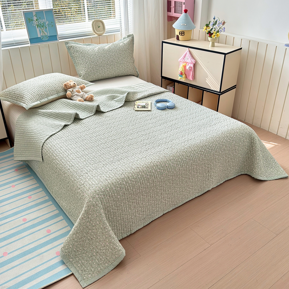 91家纺网 家纺一手货源 找家纺 美优兰 2026新款双面全棉高温砂洗床盖三件套 夕颜绿