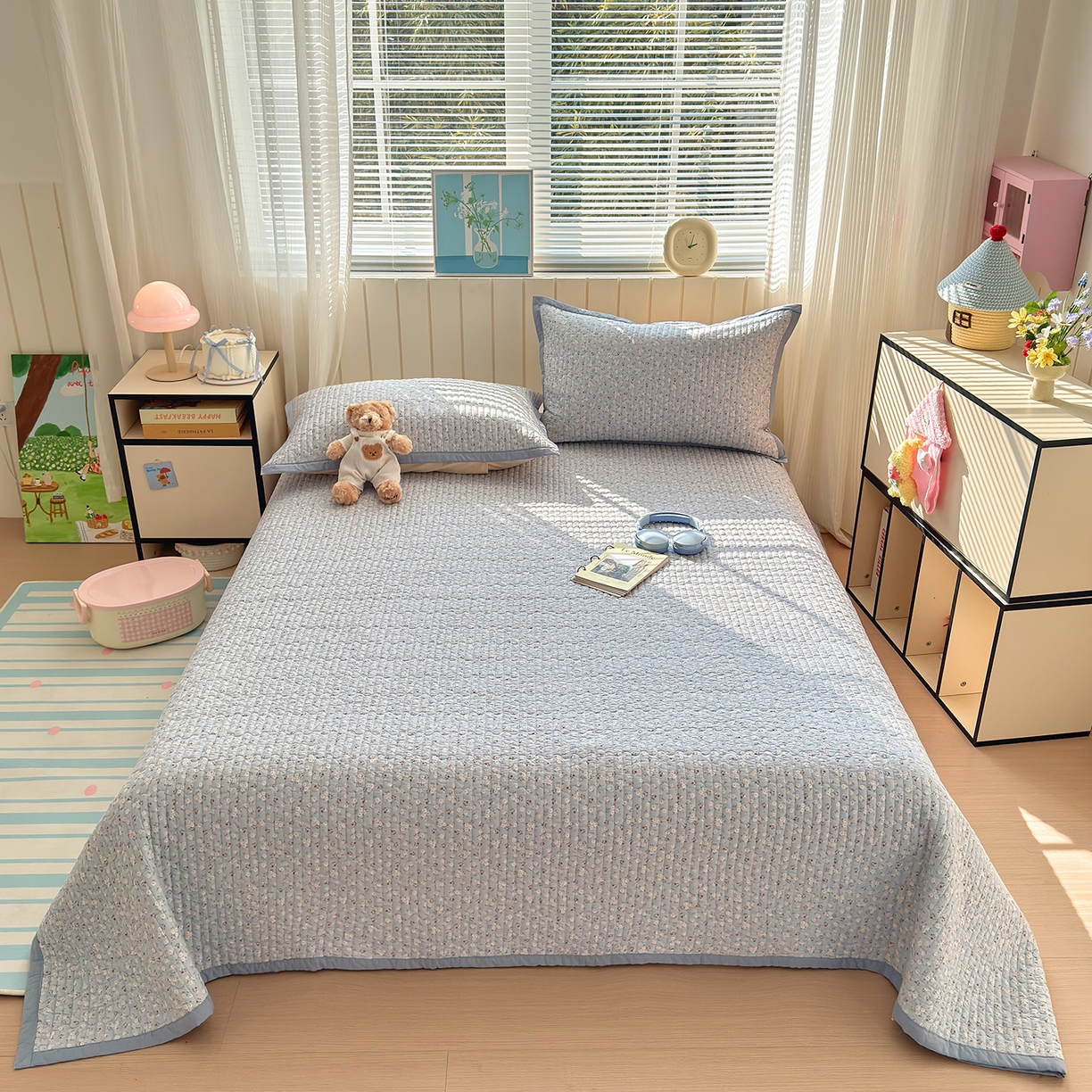 91家纺网 家纺一手货源 找家纺 美优兰 2026新款双面全棉高温砂洗床盖三件套 夕颜蓝