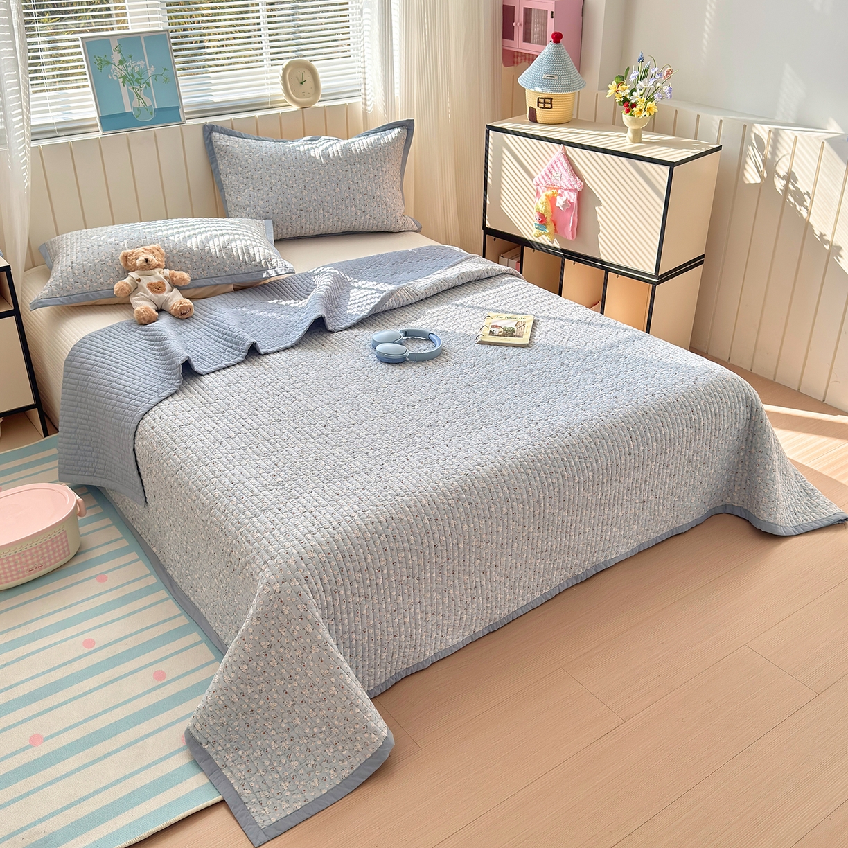 91家纺网 家纺一手货源 找家纺 美优兰 2026新款双面全棉高温砂洗床盖三件套 夕颜蓝