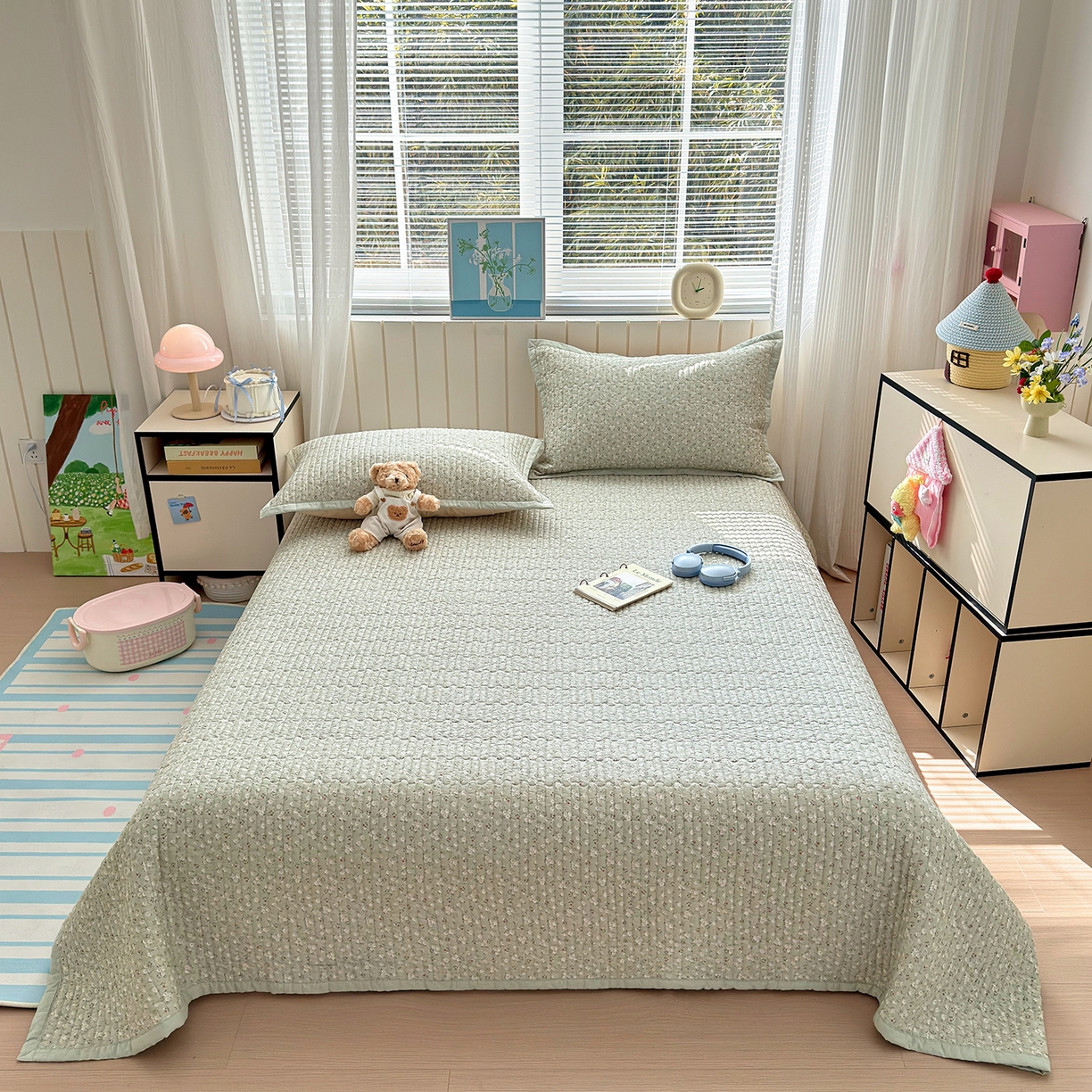 91家纺网 家纺一手货源 找家纺 美优兰 2026新款双面全棉高温砂洗床盖三件套 夕颜绿