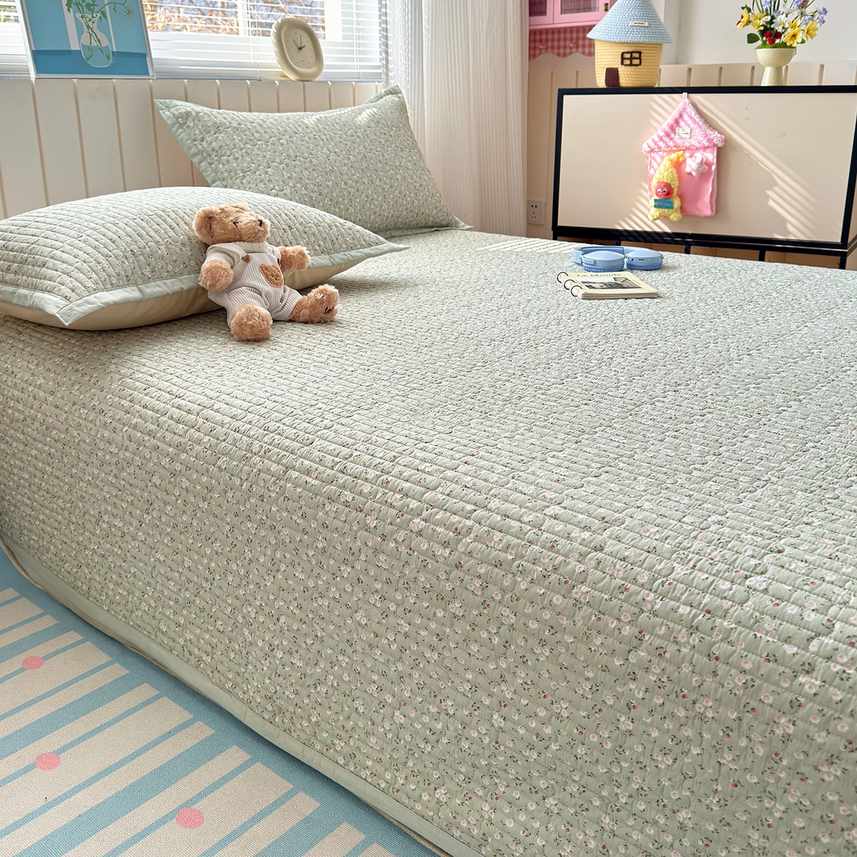 91家纺网 家纺一手货源 找家纺 美优兰 2026新款双面全棉高温砂洗床盖三件套 夕颜绿