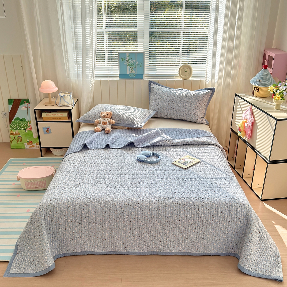 91家纺网 家纺一手货源 找家纺 美优兰 2026新款双面全棉高温砂洗床盖三件套 夕颜蓝