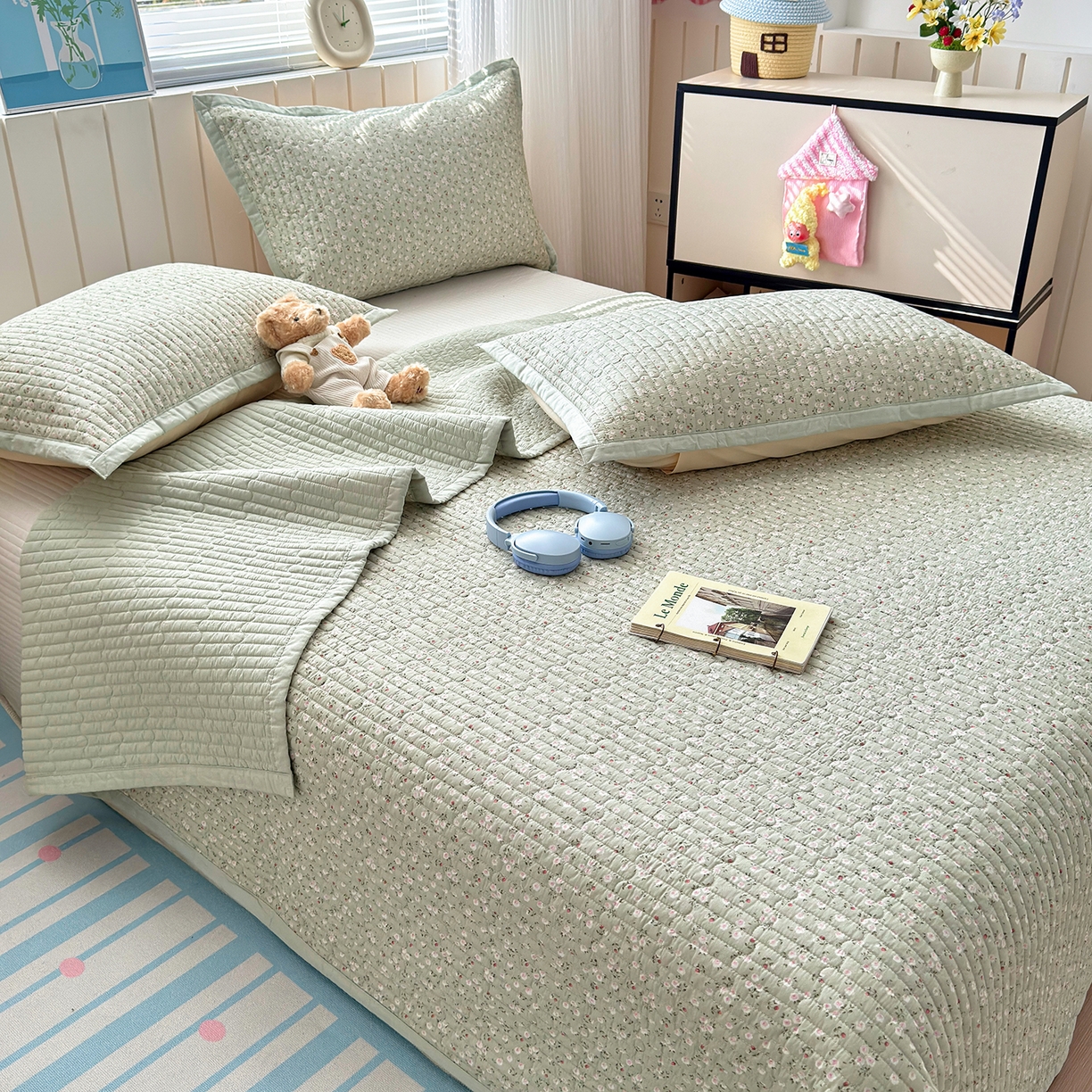 91家纺网 家纺一手货源 找家纺 美优兰 2026新款双面全棉高温砂洗床盖三件套 夕颜绿