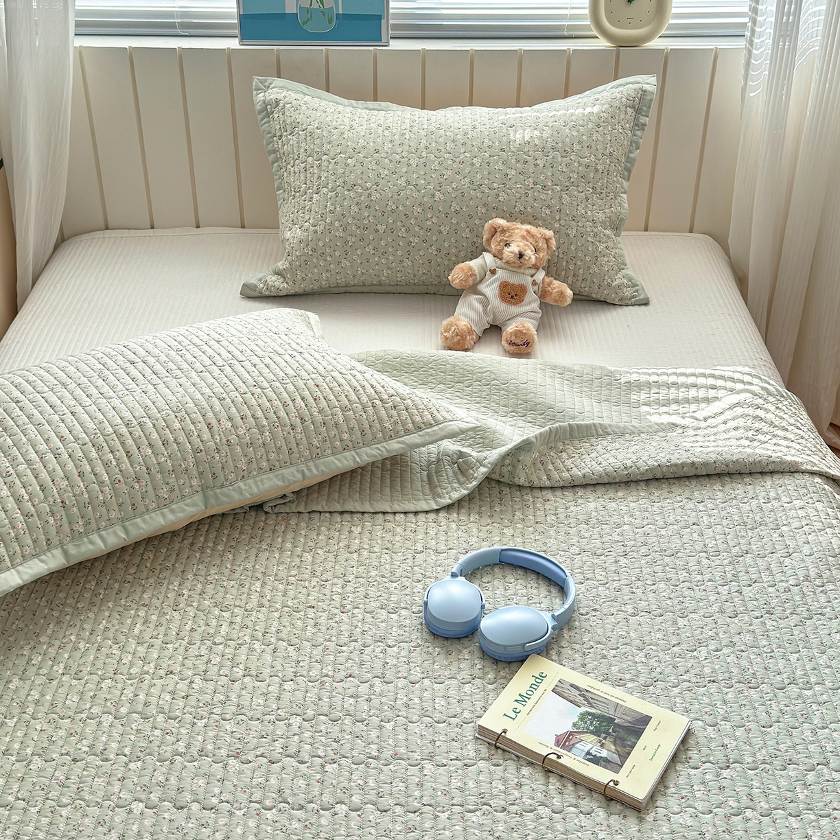 91家纺网 家纺一手货源 找家纺 美优兰 2026新款双面全棉高温砂洗床盖三件套 夕颜绿