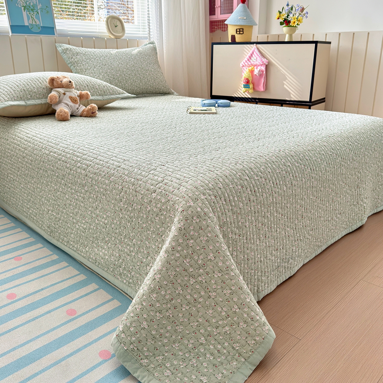 91家纺网 家纺一手货源 找家纺 美优兰 2026新款双面全棉高温砂洗床盖三件套 夕颜绿