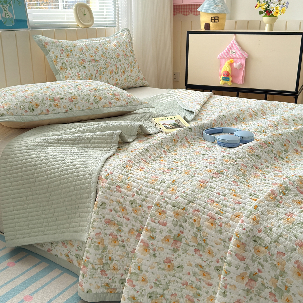 91家纺网 家纺一手货源 找家纺 美优兰 2026新款双面全棉高温砂洗床盖三件套 繁花似锦