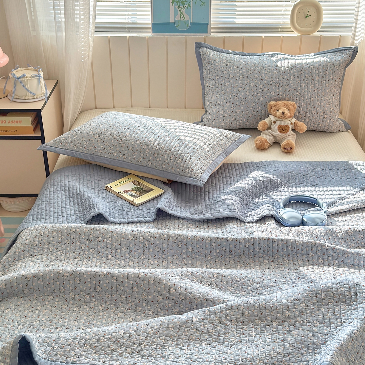 91家纺网 家纺一手货源 找家纺 美优兰 2026新款双面全棉高温砂洗床盖三件套 夕颜蓝