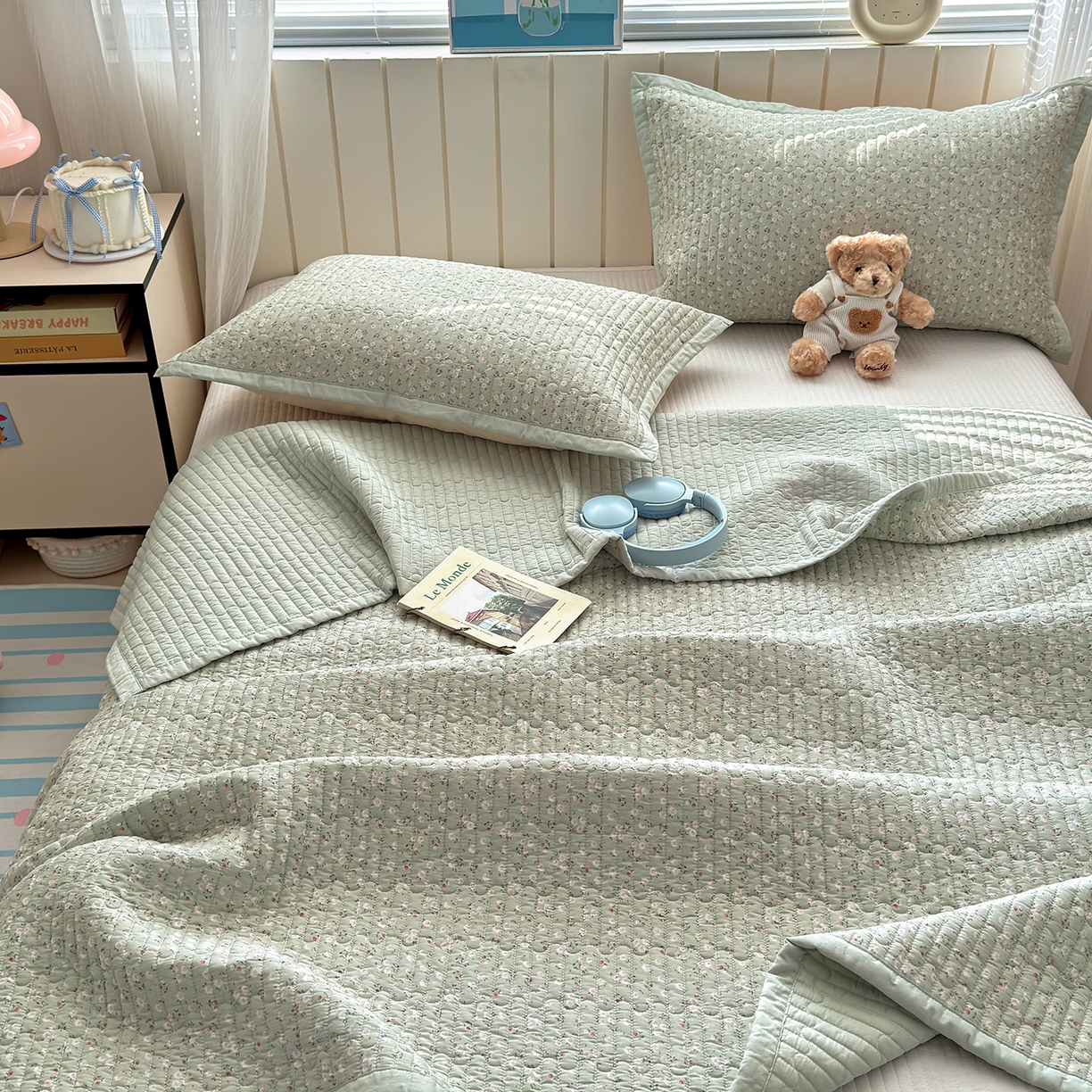 91家纺网 家纺一手货源 找家纺 美优兰 2026新款双面全棉高温砂洗床盖三件套 夕颜绿