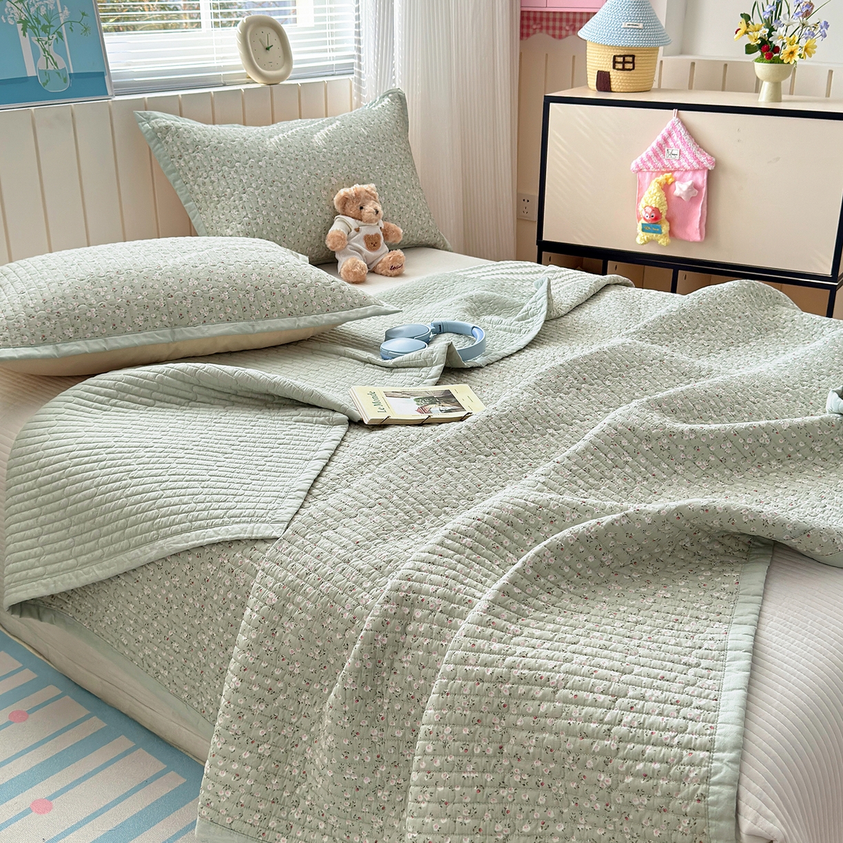 91家纺网 家纺一手货源 找家纺 美优兰 2026新款双面全棉高温砂洗床盖三件套 夕颜绿