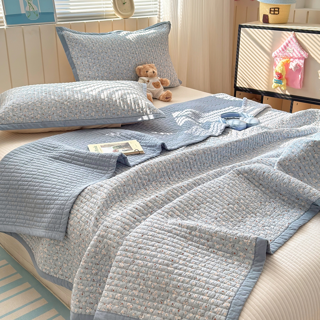 91家纺网 家纺一手货源 找家纺 美优兰 2026新款双面全棉高温砂洗床盖三件套 夕颜蓝